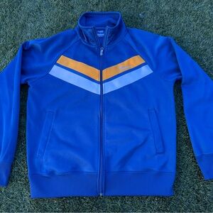 Nike Men's Blue Windbreaker with Orange and White Stripes